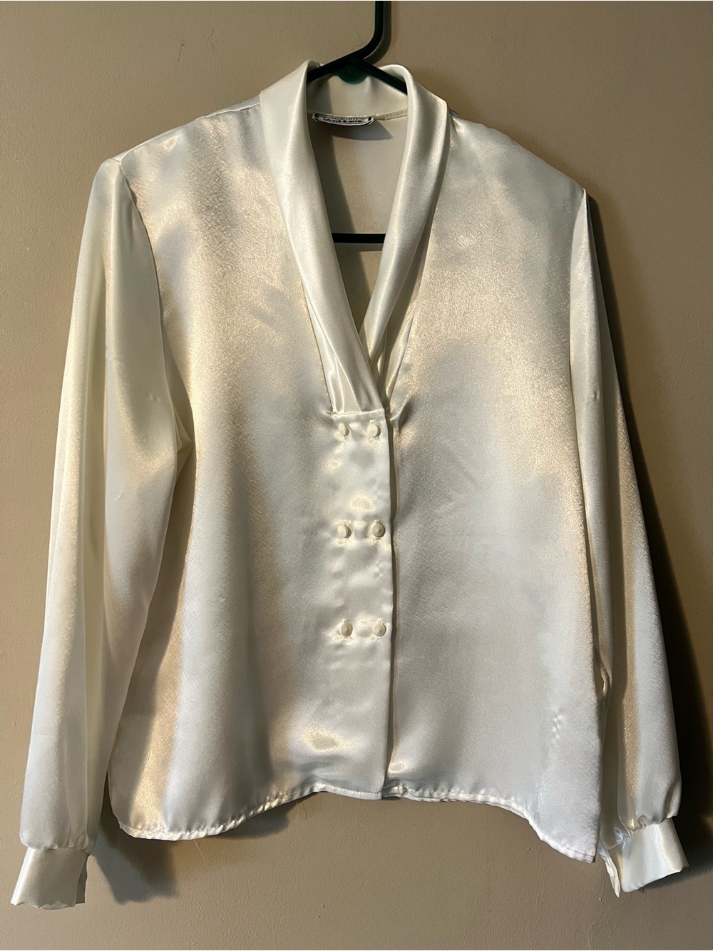 Charlotte VanHorne liquid satin off white to cream color blouse shawl collar.